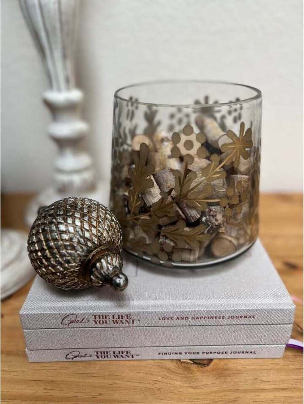 Gold Etched Glass Vase Bowl Birch Branch Cuttings Holiday Decor Fall Christmas